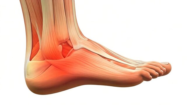 Detailed anatomical illustration of a human ankle and foot, showcasing ligaments and tendons with inflamed areas highlighted in red against a white background, demonstrating injury or pain; a 3D