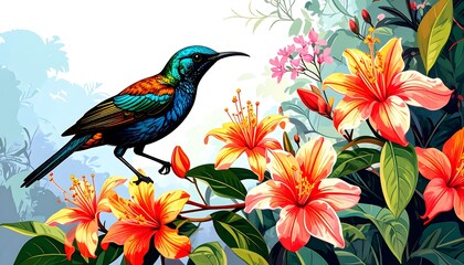 Obraz premium Vibrant bird amidst tropical flowers