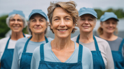 Smiling woman in blue apron standing proudly with group of supportive female friends outdoors dressed in matching attire against a cloudy sky background.
