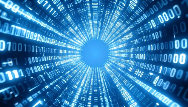 A vibrant digital tunnel is depicted, with binary code streaming towards a bright, light-filled center, conveying a sense of technological advancement