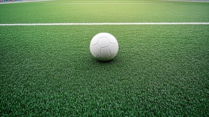 Classic soccer ball positioned perfectly on a vibrant green artificial turf field