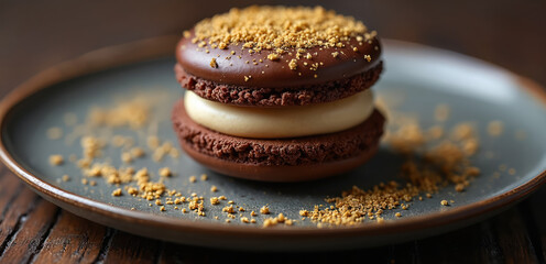 Gourmet chocolate macaron with golden sprinkles on wooden plate. Rich cocoa pastry, smooth caramel filling. Delicate, layered confectionery with artisan artistry. Decadent, hand-made patisserie treat.