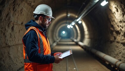Engineer in hard hat, safety vest examines tablet inside underground tunnel infrastructure. Technician reviews documents on pipeline, cable, construction project. Focus on safety, maintenance,
