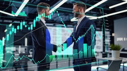 Two businessmen shaking hands in modern office with futuristic financial data overlays, symbolizing successful business partnership and growth - Powered by Adobe