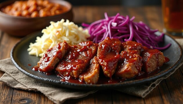 Savory barbecue meat plate features tender slices coated in rich sauce. Served with creamy coleslaw, shredded red cabbage, baked beans. Presented on rustic wood, hearty meal evokes summer picnics,