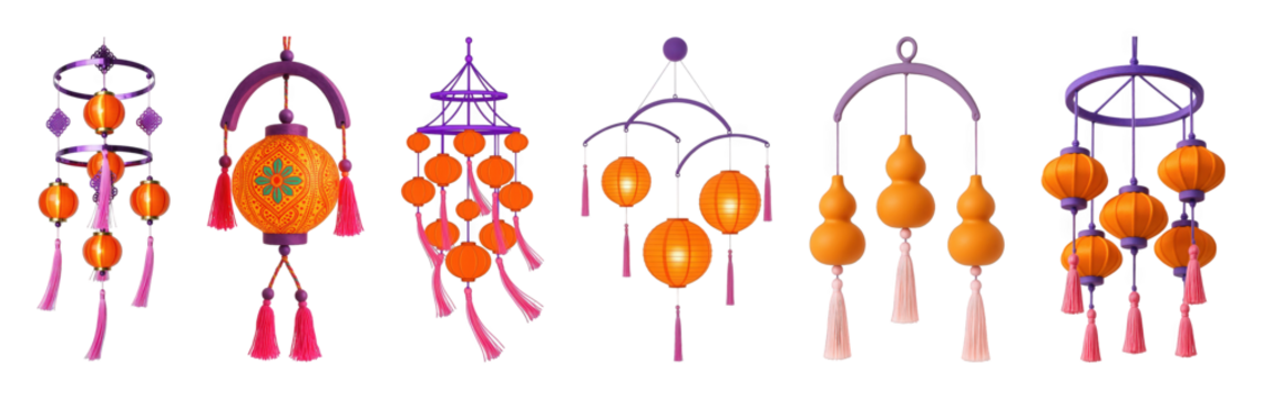 Orange and purple Asian hanging decoration set including lanterns, ornate designs, and gourd shapes isolated. Festive cultural celebration elements.