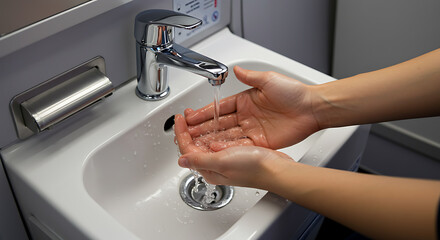 Naklejka premium Close-up of hands washing under running water in a small public sink, emphasizing hygiene, cleanliness, and public health on the go.