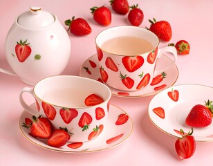 Pink tea set with strawberries