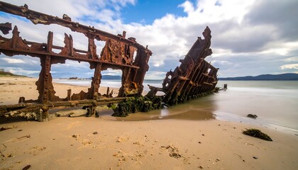 Rusty shipwreck on a sandy beach under a dramatic sky