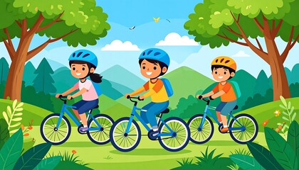 Happy children cycling through a lush green landscape