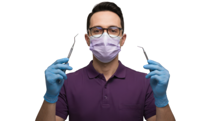 A dentist in a purple polo shirt, wearing a face mask and blue gloves, holds dental tools