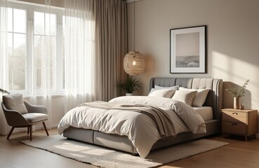 Cozy bedroom interior with large bed, soft bedding, armchair. Natural light streams through windows, illuminating neutral-toned decor. Elegant pendant lamp, framed art add warmth. Modern furniture,