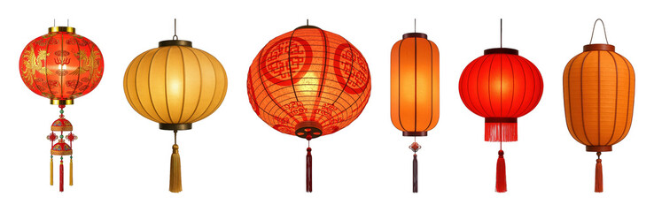 Obraz premium Chinese lanterns set including traditional red, orange, and yellow decorative styles isolated. Cultural celebration and festive decoration.