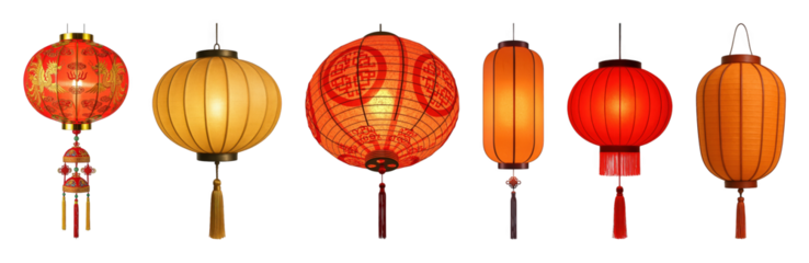 Chinese lanterns set including traditional red, orange, and yellow decorative styles isolated. Cultural celebration and festive decoration.