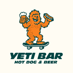 Yeti on a skateboard with a hot dog. Vector logo for a bar or restaurant.
