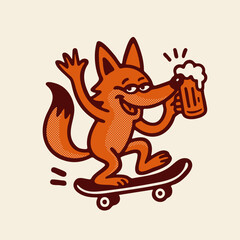 Drunk fox on a skateboard. Vector logo for a bar.