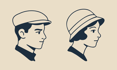 Retro cartoon face set 20s 30s illustration character design with vintage style for logo and t-shirt design illustration. Female and male face vector line.