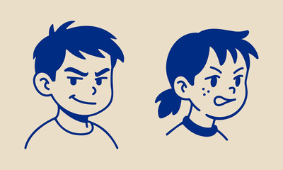 Angry school kids – boy and girl faces in modern vector line art. Edgy character design for prints and merch.