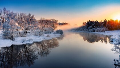 Fototapeta premium A Winter Landscape With A River Reflecting The Sunrise And Snow Covered Trees On The Banks Of The River