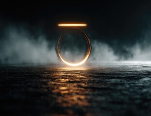 Glowing golden ring suspended in smoky, dark environment, illuminated from within, resting on a textured surface, reflecting light