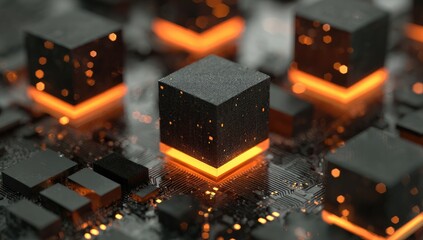 Glowing orange accents illuminate dark grey cubes positioned on a complex circuit board, creating a technological and futuristic aesthetic