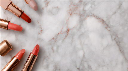 un fondo de marmol color claro con espacio de copia con labiales alrededor maquillaje femenino moderno para plantilla o publicidad 