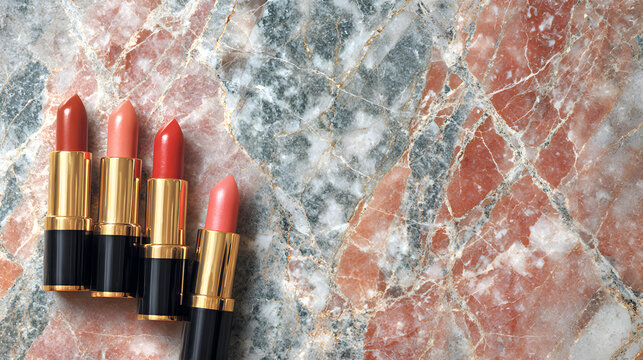 un fondo de textura de efecto marmol con espacio de copia para diseño o publicidad con labiales para el cuidado y la belleza femenina  - Powered by Adobe