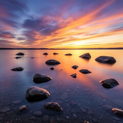 Sunset over calm water with scattered rocks