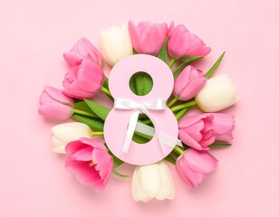 Pink tulips and number eight on pink background