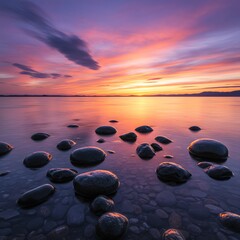 Sunset over calm water with rocks