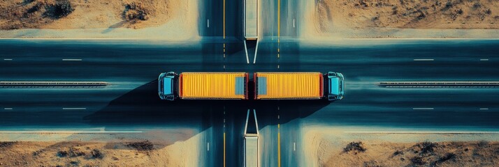 Two trucks crossing paths on a wide highway in a desert landscape during bright daylight showcasing vibrant yellow and blue colors
