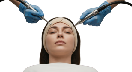 A woman receiving a facial treatment.  Hands in blue gloves hold devices near her forehead