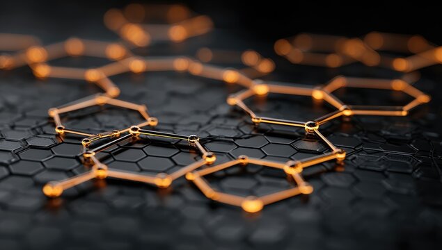 Glowing orange lines connect nodes atop a dark hexagonal grid, creating an intricate network pattern suggesting technological connection or molecular structure