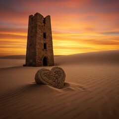 Desert tower and heart stone at sunset