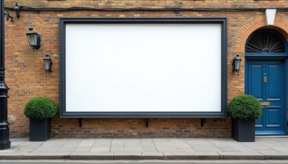 Fototapeta na wymiar Large white billboard on brick wall in London street. Blank display area for advertisement. Vintage style building exterior with blue door, street lamps, and green bushes. Urban scene for promotion.