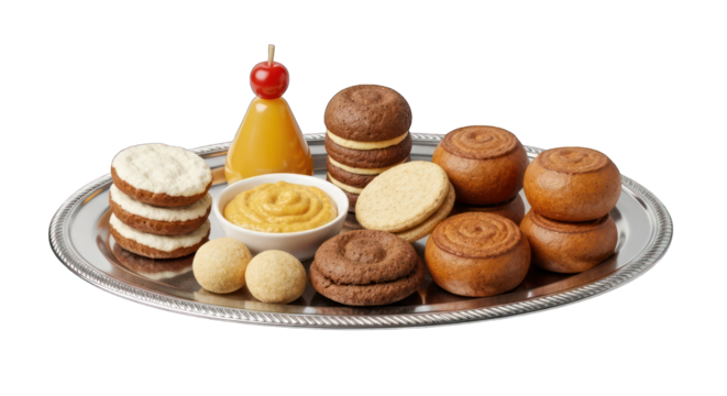 Assorted baked goods and treats on a silver platter - Powered by Adobe