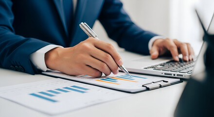 Investment and stock market concept, professional reviewing sales data, finance manager preparing annual report, man working on business data analysis