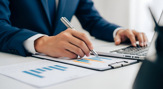Investment and stock market concept, professional reviewing sales data, finance manager preparing annual report, man working on business data analysis
