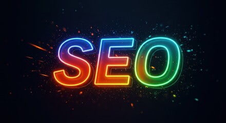 Illuminated SEO: A vibrant and dynamic visual of the word SEO rendered in glowing, multicolored neon against a dark background, symbolizes the bright world of search engine optimization.