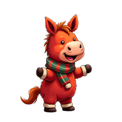 Funny cartoon baby horse character smiling while wearing a scarf for Christmas - isolated, transparent background 