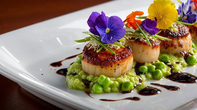 Close up of scallops on pea puree garnished with flowers and balsamic glaze on a white plate