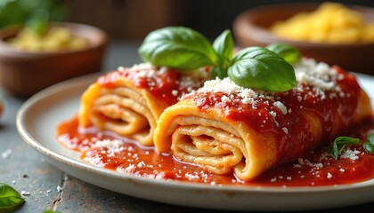 Fototapeta premium Rolled lasagna with rich tomato sauce, fresh basil. Pasta dish features layers of tender noodles, topped with grated parmesan cheese. Delicious, savory meal perfect for lunch dinner, homemade Italian