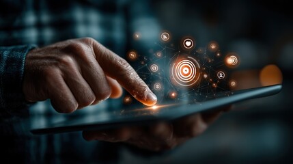 Hand touching digital tablet activating glowing futuristic network of interconnected icons