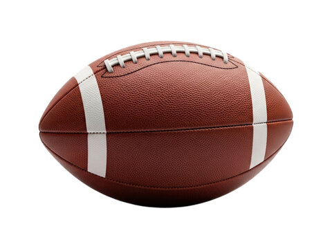 Close-up of a brown leather American football. Stitching visible