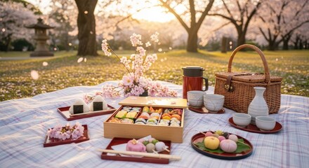 Beautiful Cherry Blossom Picnic with Sushi and Sweets in a Japanese Garden.