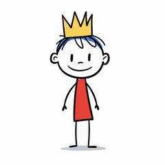 A simple, charming stick figure drawing of a child wearing a golden crown and a red tunic.