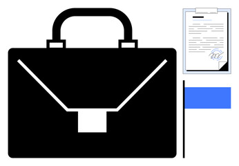 Black briefcase with blue flag and document clipboard representing office, professionalism, business, contracts, corporate tasks, productivity, document management, and career. Ideal for work