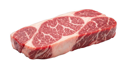 Close-up of a raw, rectangular steak.  The meat is a deep red, with visible marbling.  A light-pinkish-white fat runs through the muscle.  Isolated against a black background