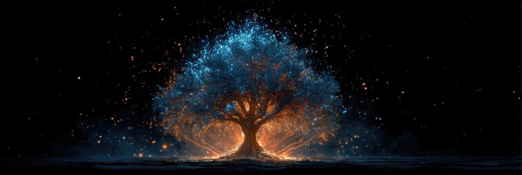 Glowing tree with blue and orange particles emanating from its branches and base against a black background.  The tree is large, central, and has a mystical feel