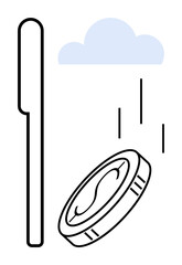 Coin in mid-air with rain beneath cloud and adjacent stick. Ideal for finance, budgeting, risk, uncertainty, savings, environmental impact, abstract concepts. Perfect for simple flat metaphor